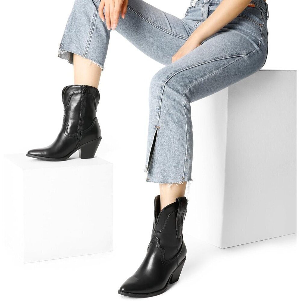 🆕Women's Black Faux Leather Cowboy Ankle Boots Chunky Heel Pointed Toe - Picture 6 of 7